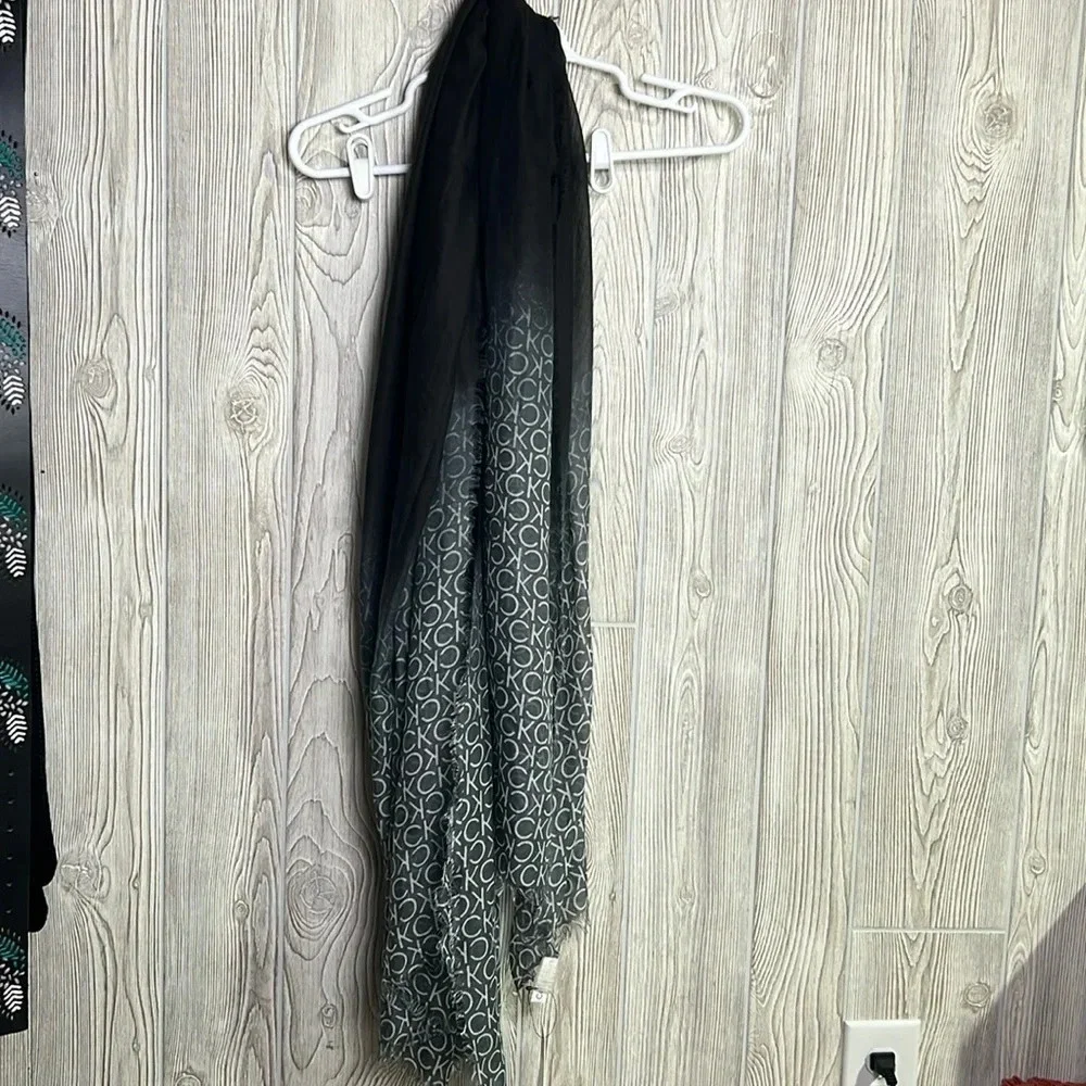 New Calvin Klein Black Silver Wrap Shawl Fringe Monogram Women One Size